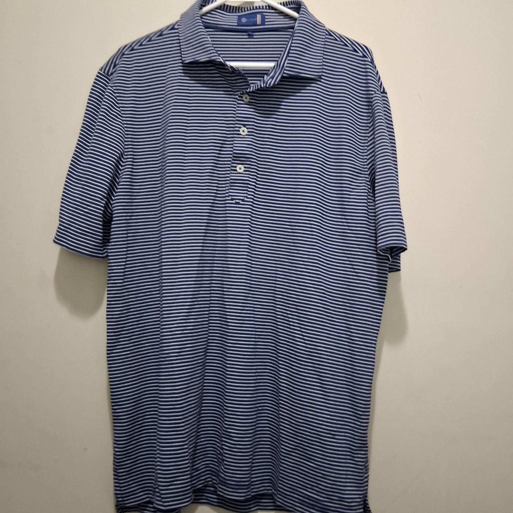 Stitch Golf Mens Blue White Striped Performance Polo Shirt Large ECC Sleeve Logo